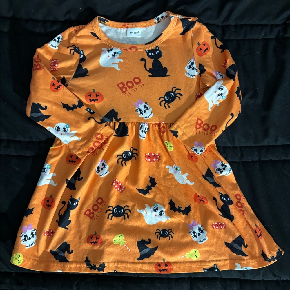 Halloween Themed Orange Dress with Cats and Pumpkins
